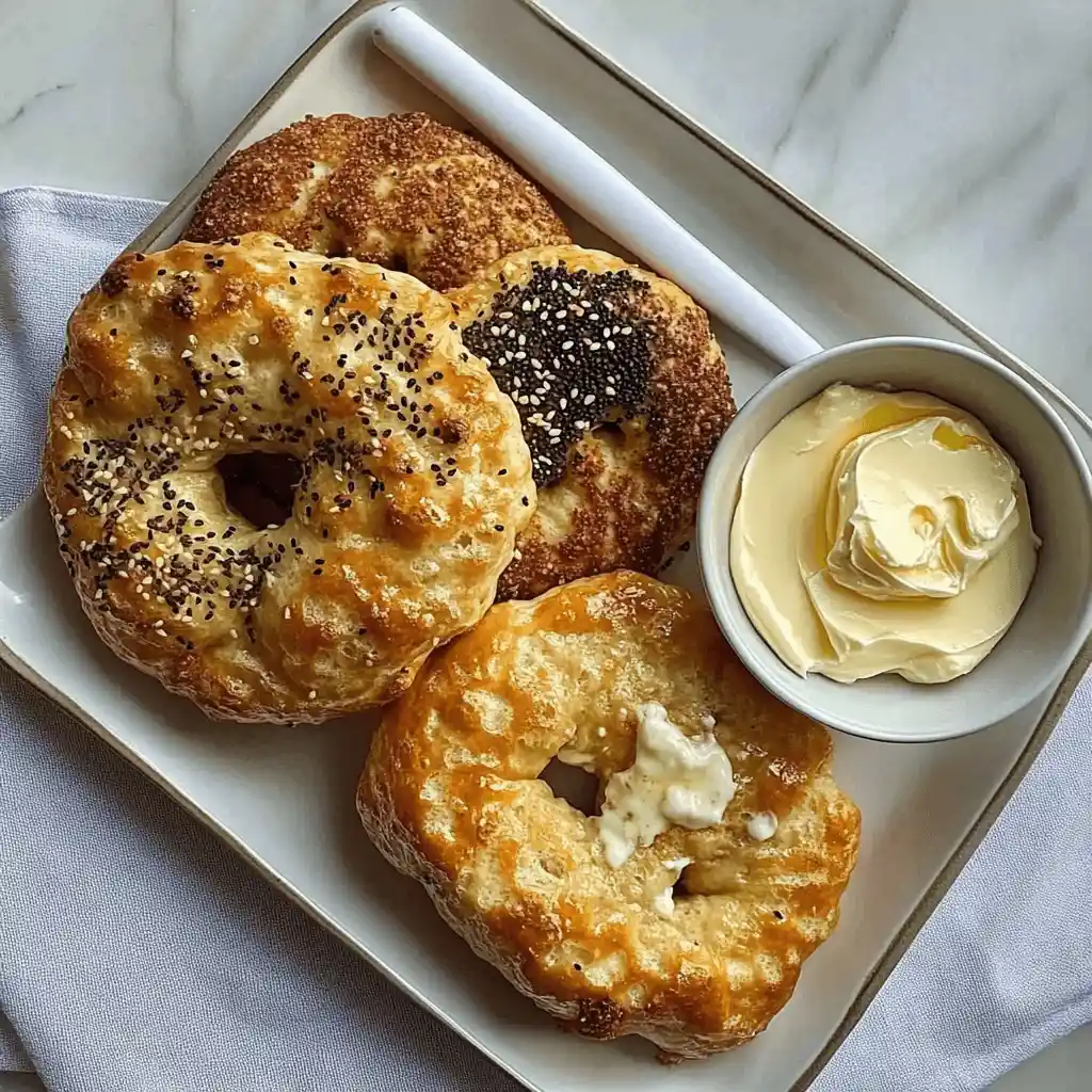 A trio of golden cottage cheese bagels topped with various seeds, served on a plate with a dish of whipped butter