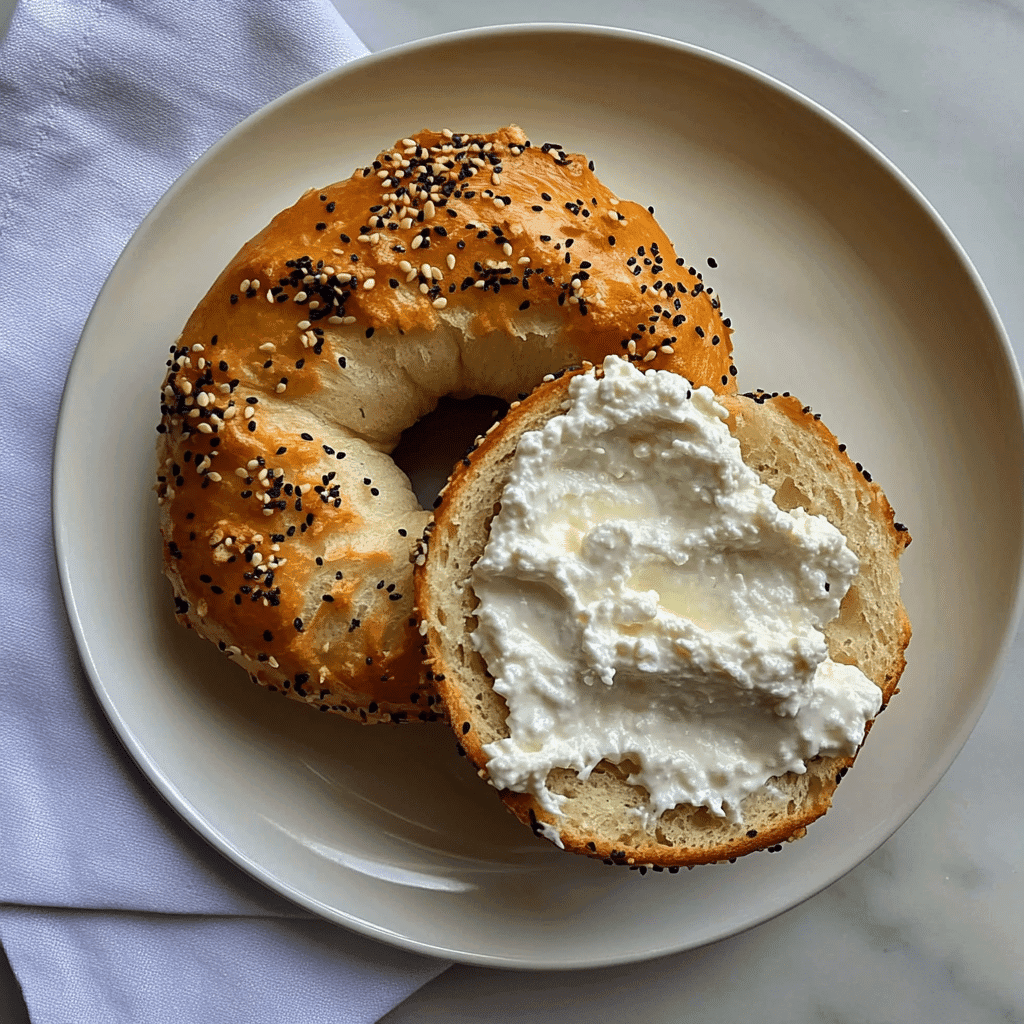 bethenny-frankel-cottage-cheese-bagel-recipe Sliced Bethenny Frankel Cottage Cheese Bagel Recipe topped with whipped cottage cheese on a white plate