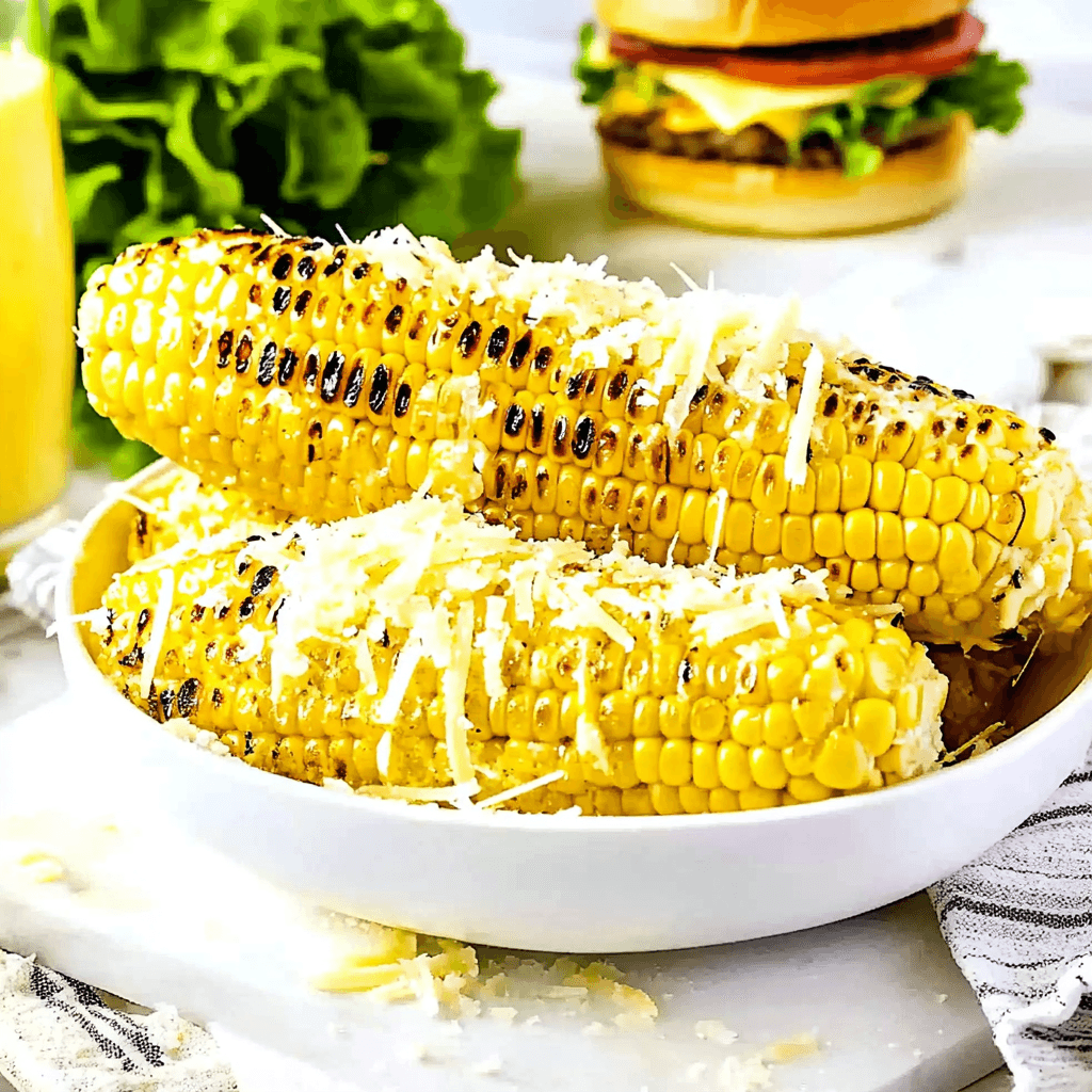 cheesy-garlic-butter-corn-on-the-cob-bowl Grilled corn on the cob topped with melted cheese and garlic butter, served in a white dish