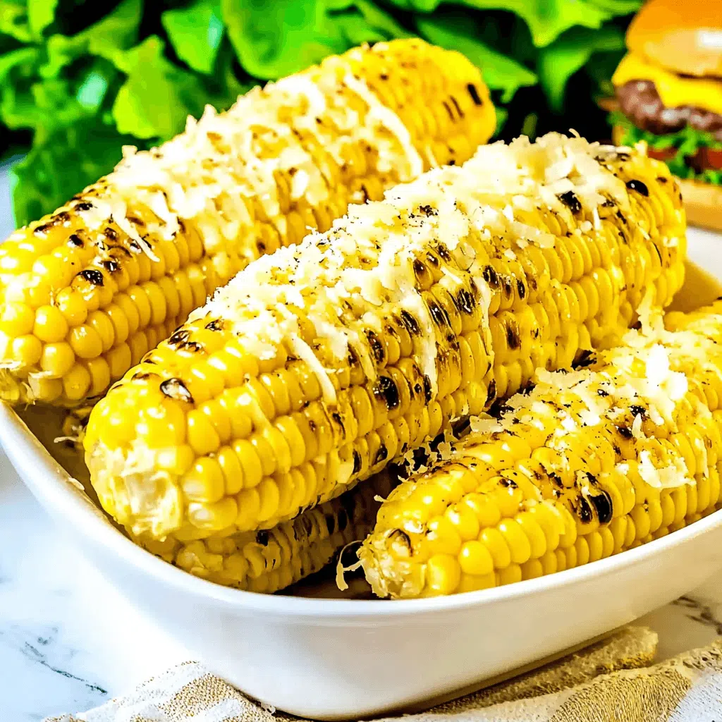 Grilled corn on the cob topped with shredded cheese and garlic butter, served in a white bowl