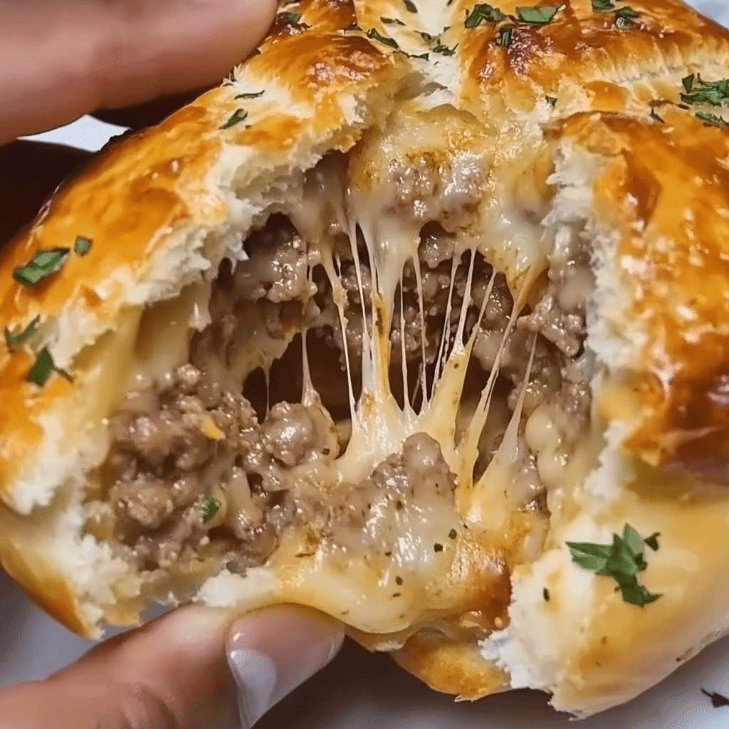 garlic-parmesan-cheeseburger-bomb-cheese-pull A garlic parmesan cheeseburger bomb torn open to reveal gooey melted cheese and seasoned ground beef filling