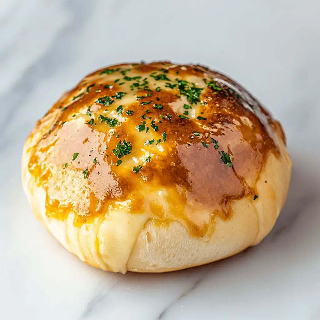 A golden-brown garlic parmesan cheeseburger bomb with melted cheese oozing from the sides and topped with chopped parsley