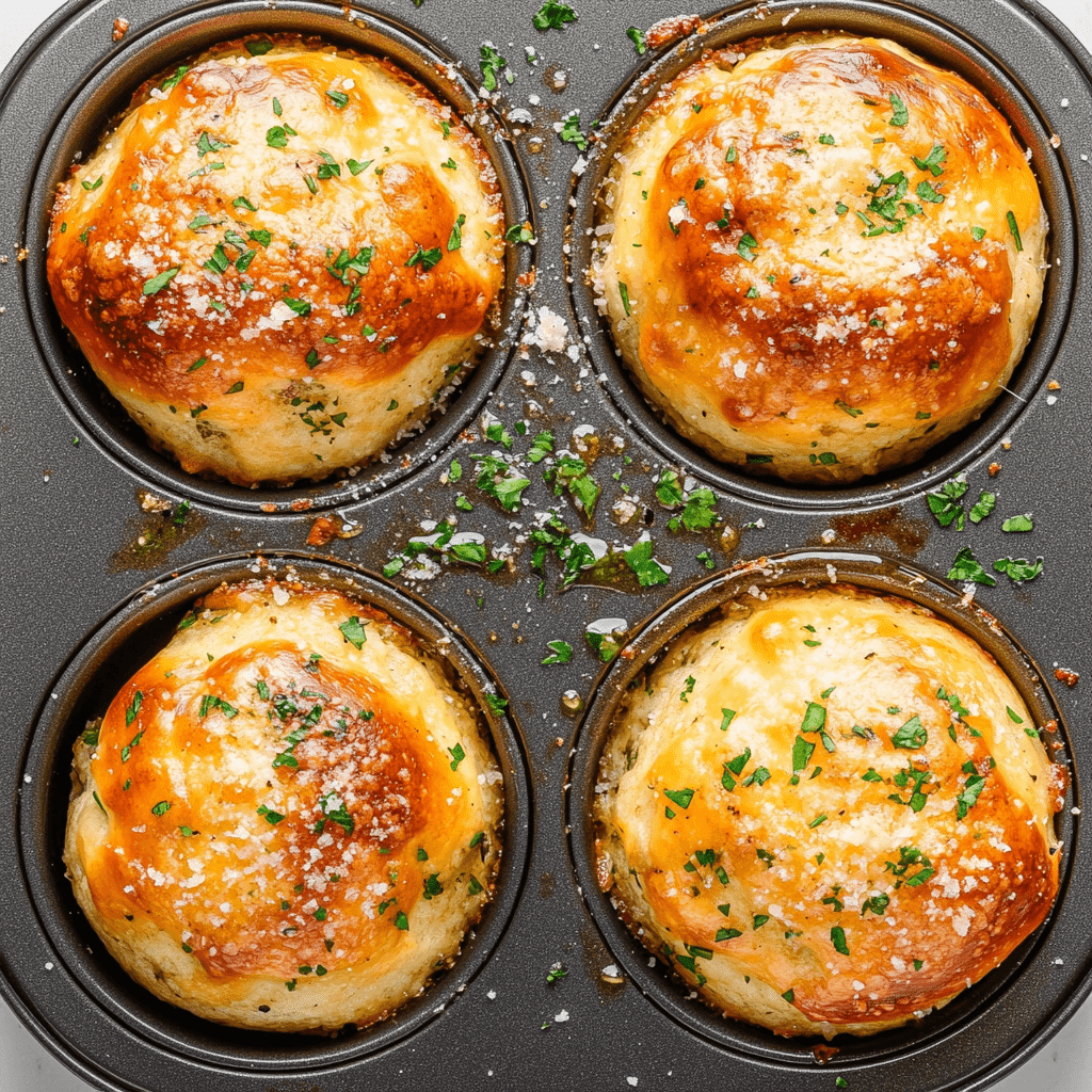 garlic-parmesan-cheeseburger-bombs-in-muffin-tin Freshly baked garlic parmesan cheeseburger bombs in a muffin tin, topped with chopped parsley and grated parmesan