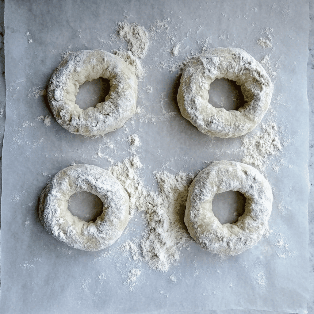 raw-bethenny-frankel-cottage-cheese-bagel-recipe Unbaked Bethenny Frankel Cottage Cheese Bagel Recipe shaped and dusted with flour on parchment paper